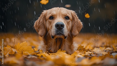 Obraz na płótnie A golden retriever surrounded by autumn leaves in a park w salonie