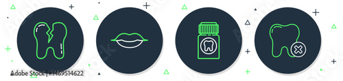 Set line Smiling lips, Painkiller tablet, Broken tooth and Tooth with caries icon. Vector