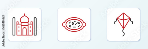 Set line Kite, Taj Mahal and Kheer in bowl icon. Vector