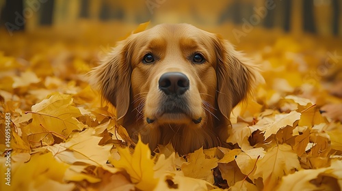 Obraz na płótnie A golden retriever surrounded by vibrant autumn leaves w salonie
