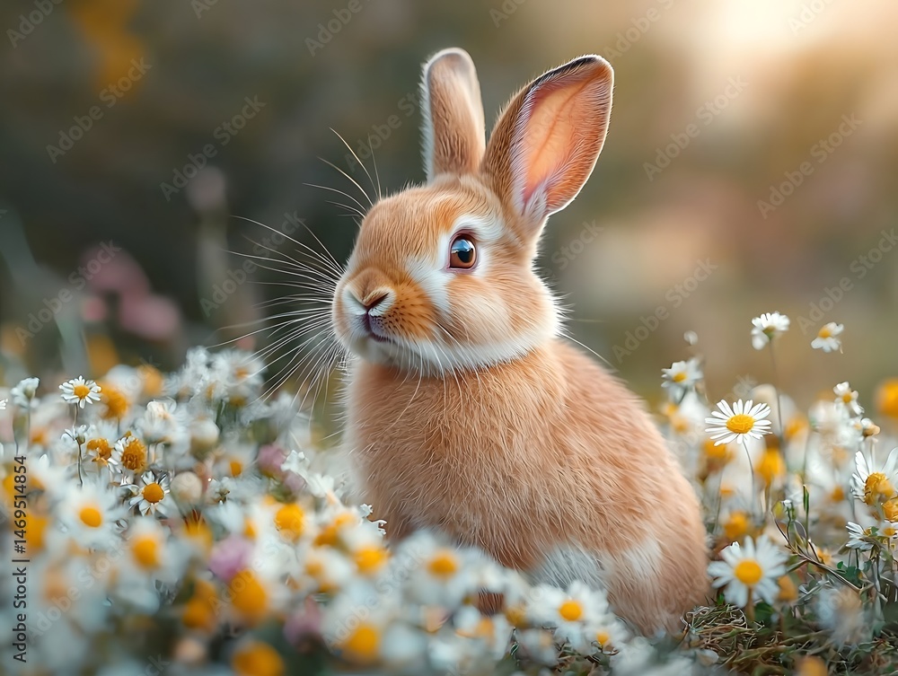 A curious rabbit peering through a field of wildflowers