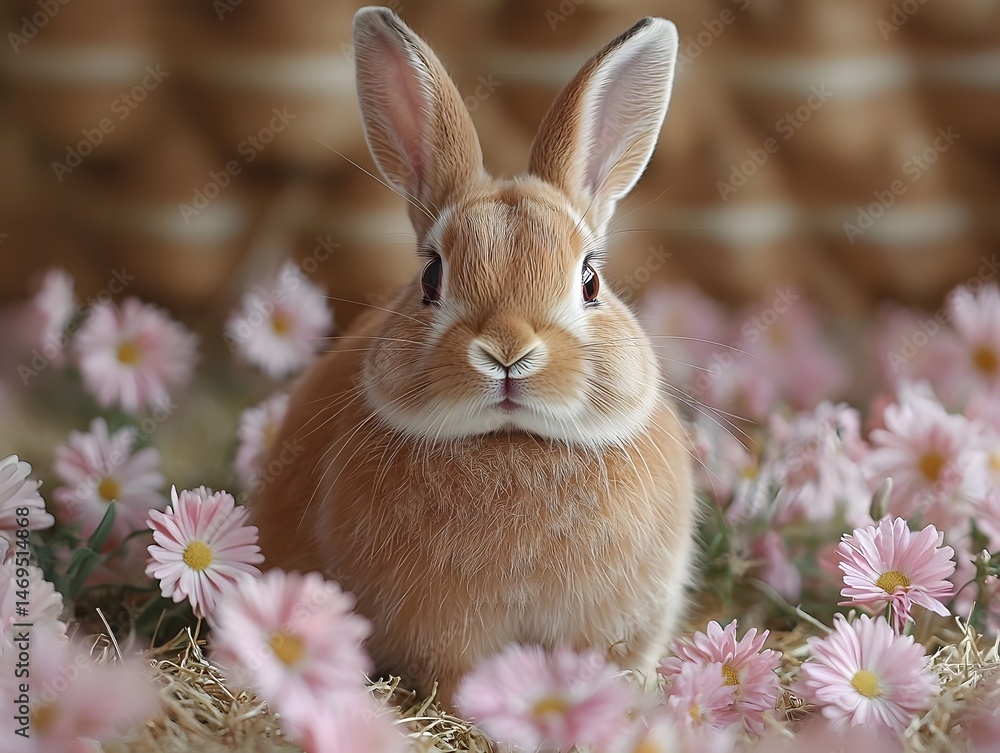 A curious rabbit amid a field of delicate pink flowers