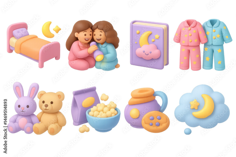 Obraz premium Y2k sleepover icons set – friends, pajamas, snacks, bedtime, moon, stars, toys, cozy, playful, cute. 3D icon set