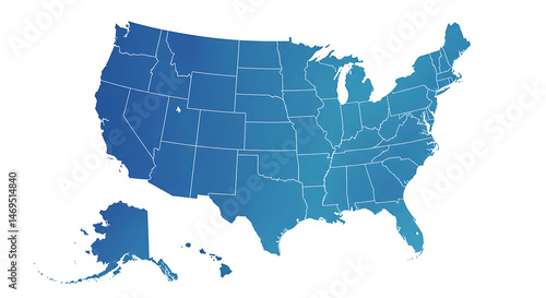 Detailed vector map of the United States of America with state borders shown in blue gradient for geography and education