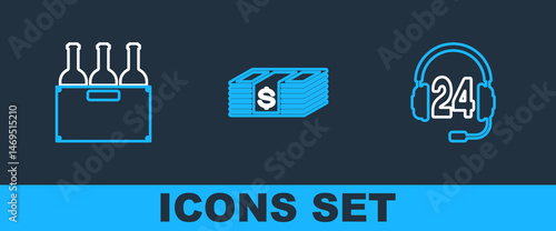 Set line Headphone for support, Bottles of wine in box and Paper money dollars cash icon. Vector