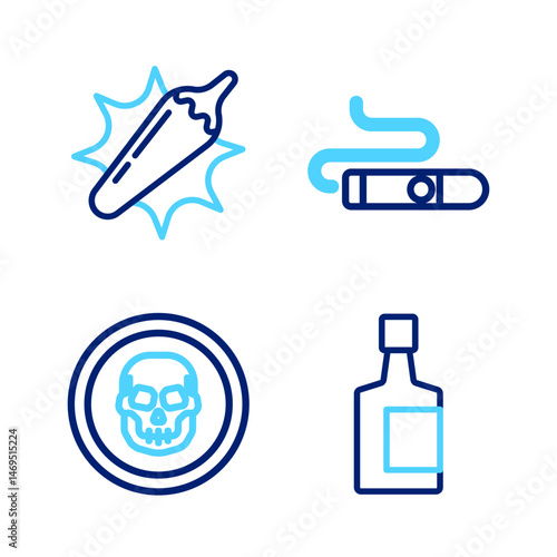 Set line Tequila bottle, Mexican skull coin, Cigar and Hot chili pepper pod icon. Vector