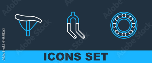 Set line Bicycle ball bearing, seat and fork icon. Vector