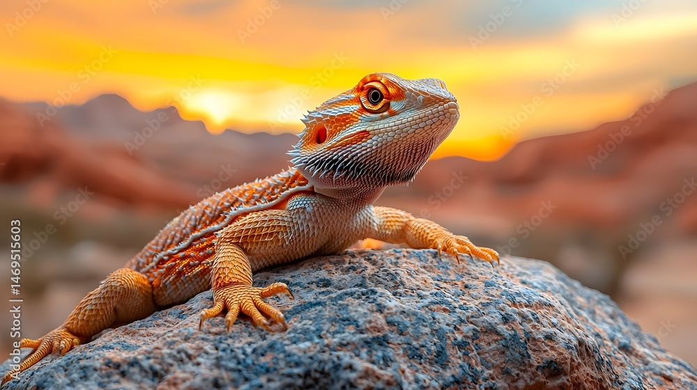 Bearded dragon basking on a desert rock during sunset