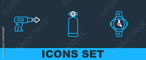Set line Diving watch, Fishing harpoon and Aqualung icon. Vector