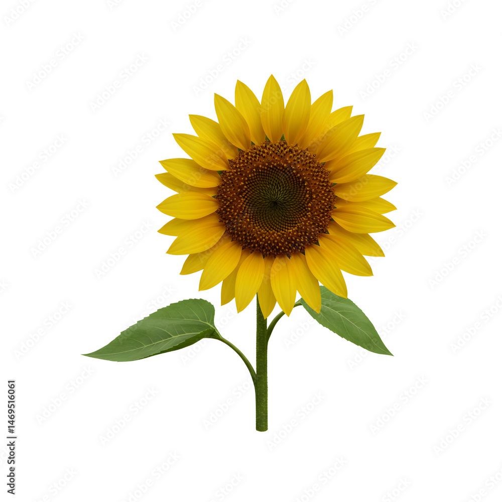 Fototapeta premium Single blooming sunflower with green leaves isolated 