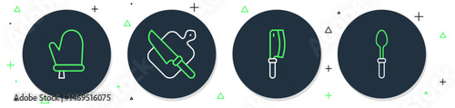 Set line Cutting board and knife, Meat chopper, Oven glove and Teaspoon icon. Vector