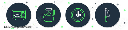 Set line Kettle with handle, Clock, Microwave oven and Knife icon. Vector