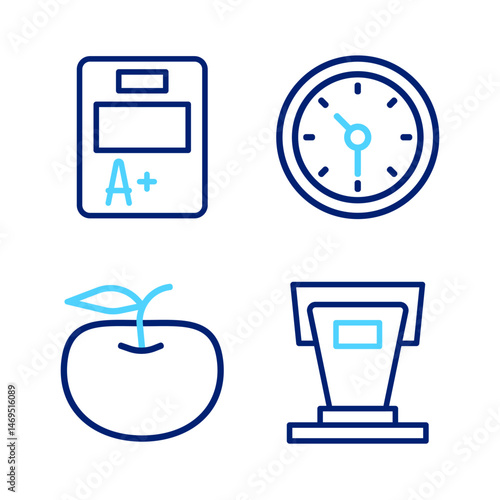Set line Stage stand, Apple, Clock and Exam sheet with plus grade icon. Vector