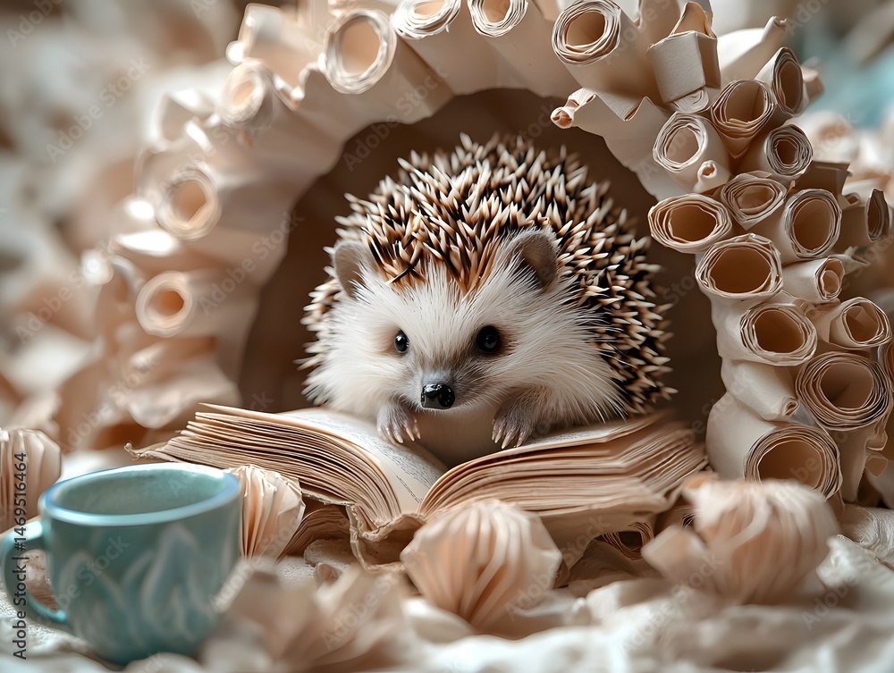 A whimsical portrait of a hedgehog surrounded by miniature paper props