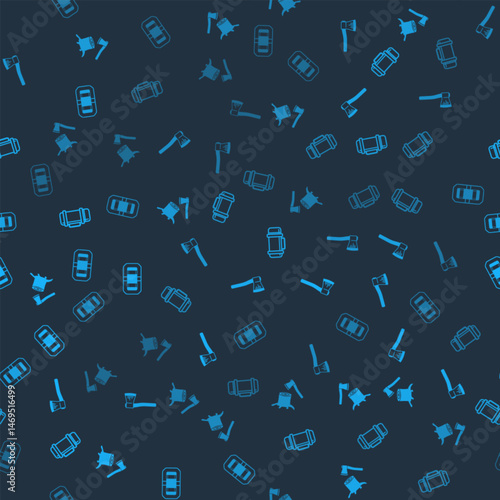 Set Wooden axe in stump, , Thermos container and Rafting boat on seamless pattern. Vector