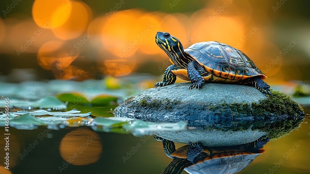 Serene turtle resting on a rock near a tranquil pond