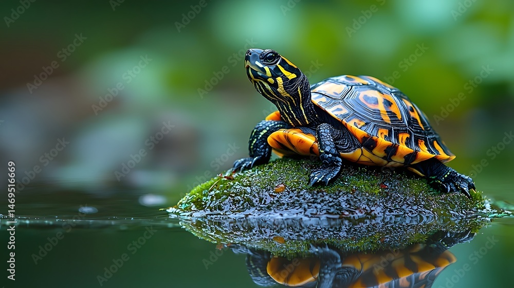 A serene turtle resting on a rock near a tranquil pond
