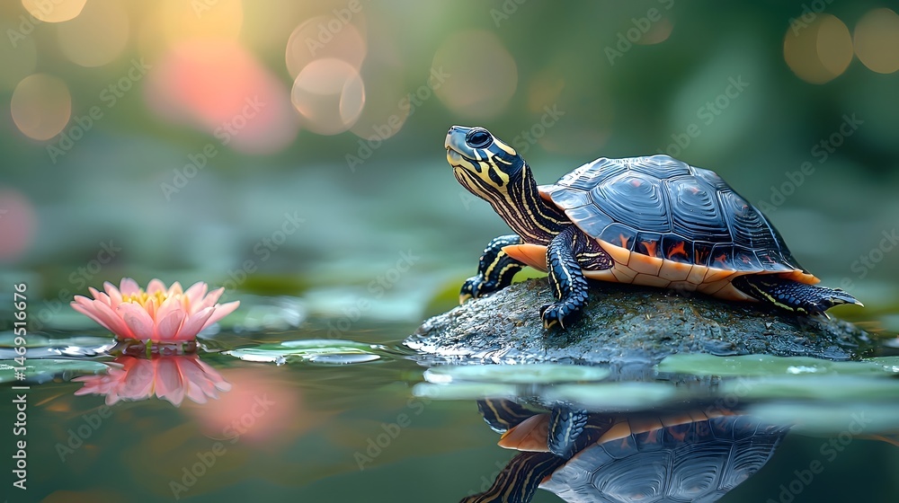 A tranquil turtle resting on a rock near a serene pond