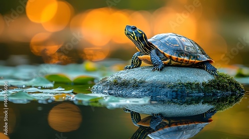 Obraz na płótnie Serene turtle resting on a rock near a tranquil pond w salonie