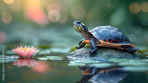 Obraz na płótnie A tranquil turtle resting on a rock near a serene pond w salonie