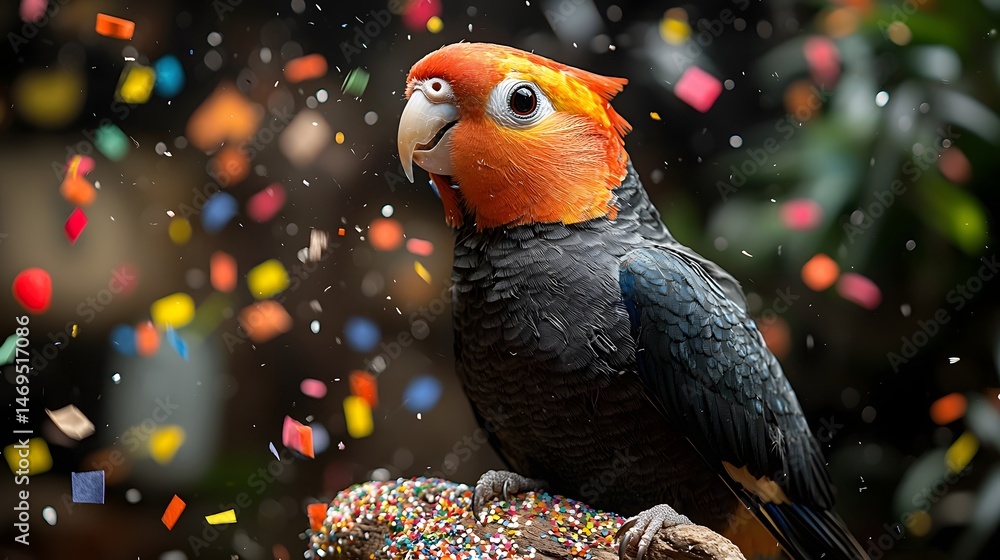 Colorful Cockatiel Surrounded by Falling Confetti