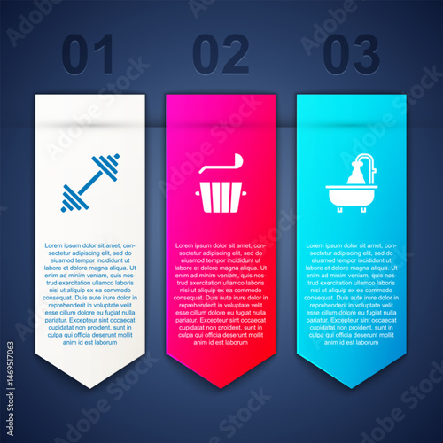 Set Dumbbell, Sauna bucket and ladle and Bathtub. Business infographic template. Vector