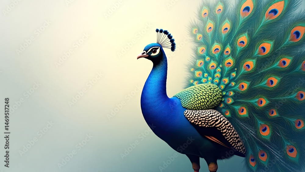 Fototapeta premium Magnificent Indian Peacock Proudly Displaying Brilliant Iridescent Tail Feathers