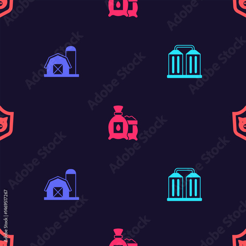 Set Granary, Farm house, Pack full of seeds of plant and Shield with pig on seamless pattern. Vector