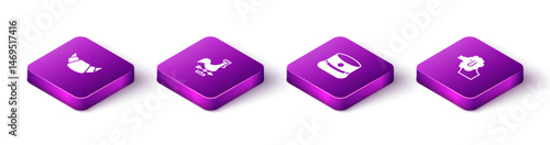 Set Isometric Croissant, Rooster weather vane, Kepi and Poodle dog icon. Vector