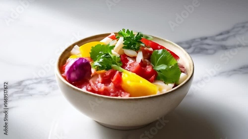 Preparing Colorful Salad in Bowl on Marble Countertop Close Up