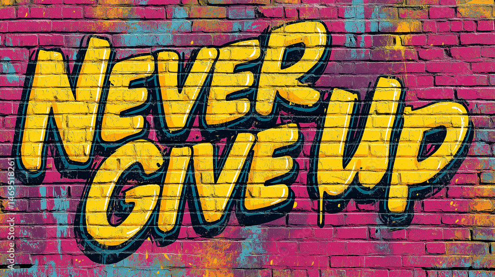 Fototapeta premium Pop art comic street graffiti with Never Give Up text on brick wall. Social protest and action background poster. 