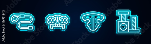 Set line Retractable cord leash, Cat tooth, nose and scratching post. Glowing neon icon. Vector
