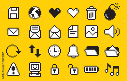 set of pixel art  user interface icon, pixel art style, icon and symbol such as, mail, data, world, mail, recycle bin, battery
