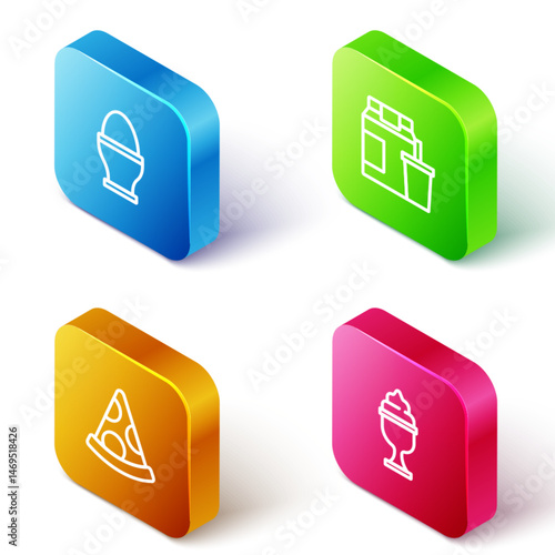 Set Isometric line Chicken egg on stand, Online ordering delivery, Slice of pizza and Ice cream bowl icon. Vector
