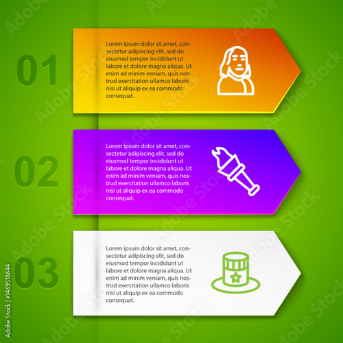Set line Benjamin Franklin, Torch flame and Patriotic American top hat. Business infographic template. Vector