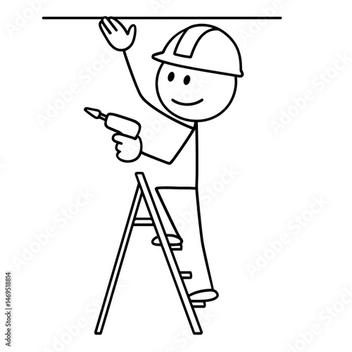 Stick figure builder drilling ceiling on ladder