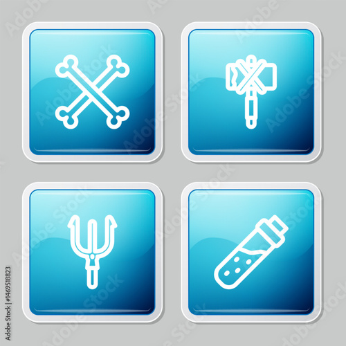 Set line Crossed human bones, Medieval axe, Neptune Trident and Bottle with potion icon. Vector