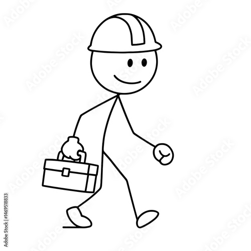 Stick figure builder walking with toolbox