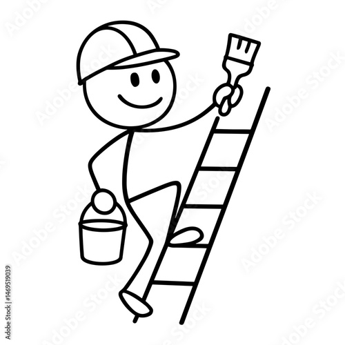 Stick figure builder painting on ladder with bucket
