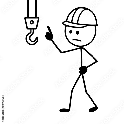 Stick figure builder pointing at crane hook