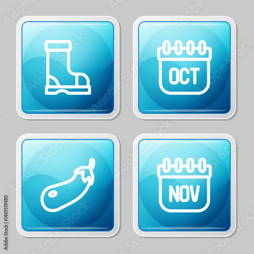 Set line Waterproof rubber boot, October calendar autumn, Eggplant and November icon. Vector