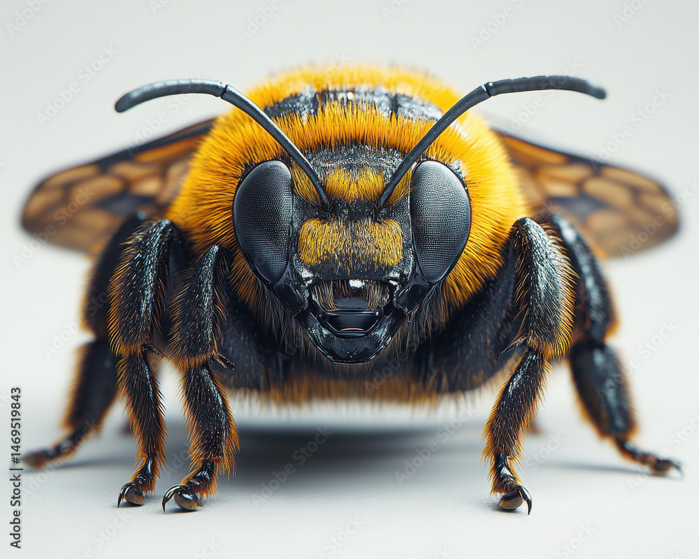front view of a bee isolated on pure white background showcasing detailed textures and vivid colors in a striking macro perspective