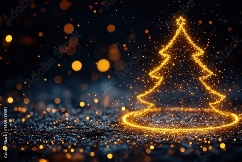 Golden Christmas tree silhouette on dark glittery background