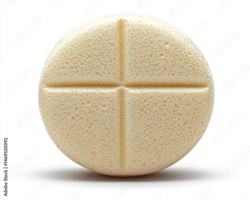 Image of Aspirin Tablet with Detailed Texture Isolated on Pure White Background Depicting Medicine and Healthcare Concepts