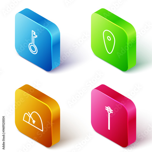 Set Isometric line Old key, Shield, Bale of hay and rake and Medieval chained mace ball icon. Vector