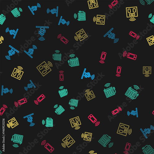 Set line Wireless antenna, Smart heating radiator, bathroom scales and smartphone on seamless pattern. Vector