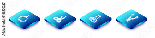 Set Isometric line Enema, Medical scissors, Test tube and flask and tweezers icon. Vector