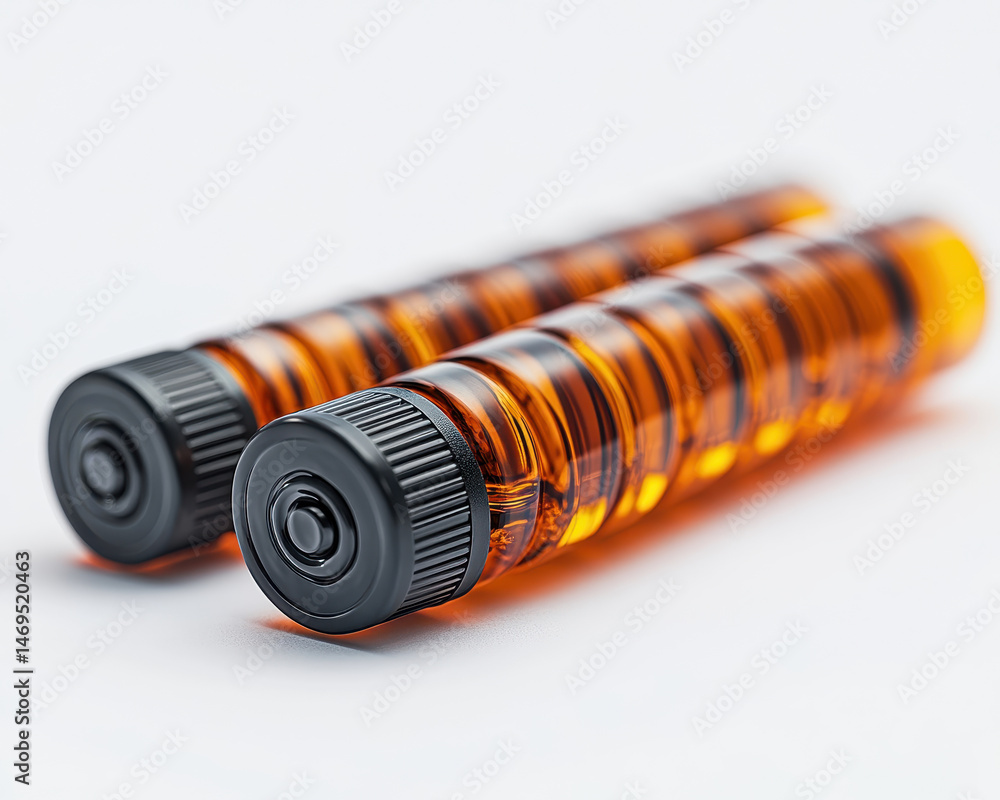 High-quality hyper-realistic image of amber-colored ampulla bottles isolated on white background front view