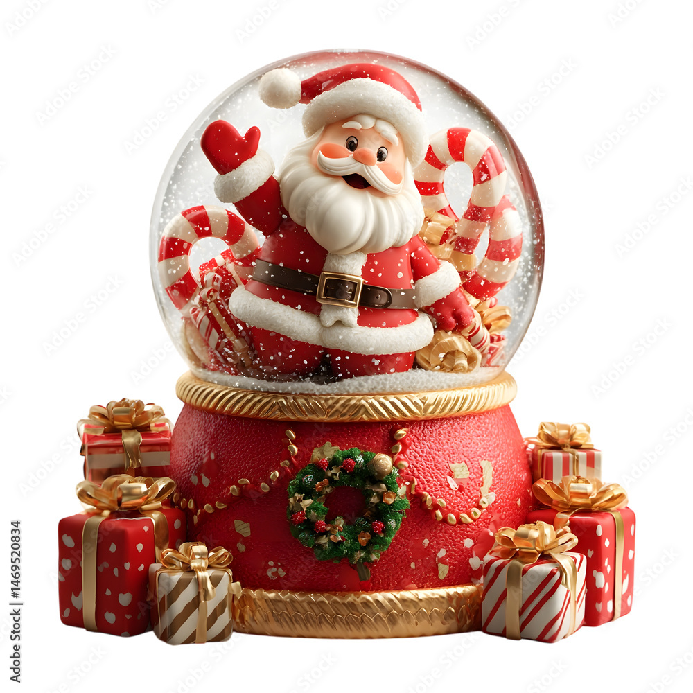 Fototapeta premium Red Christmas snow globe with a Santa Claus, candy canes and festive gifts isolated on transparent, cut-out png