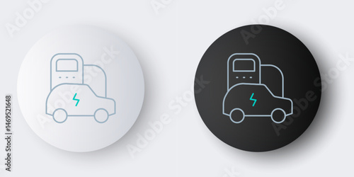 Line Electric car and electrical cable plug charging icon isolated on grey background. Renewable eco technologies. Colorful outline concept. Vector